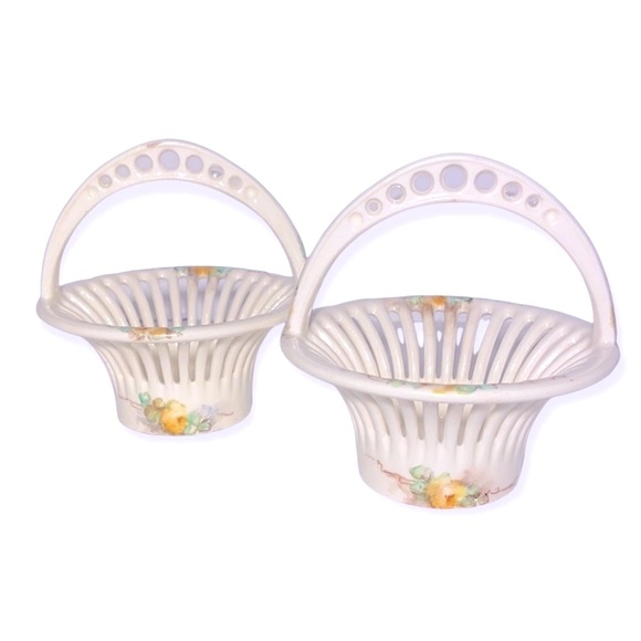 Two Miniature German Porcelain Weave Baskets • Hand Painted • Stamped & Numbered - Picture 2 of 10